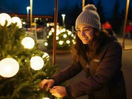 donna decorazione un' Natale albero con ornamenti e luci ai generativo foto