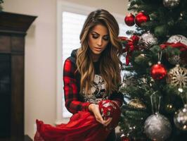 donna decorazione un' Natale albero con ornamenti e luci ai generativo foto