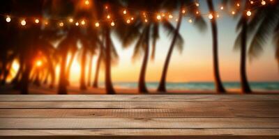 generativo ai, tropicale estate tramonto spiaggia bar sfondo. di legno tavolo superiore Prodotto Schermo vetrina vuoto palcoscenico. foto