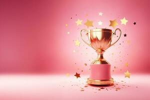 generativo ai, vincitore trofeo con fiamme, rosa d'oro campione tazza con caduta coriandoli su rosa sfondo foto