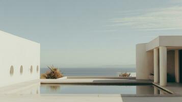 generativo ai, spiaggia estetico villa Casa e costa paesaggio, smorzato colori, minimalismo foto