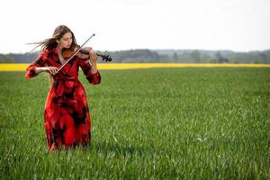 giovane donna in abito rosso suona il violino in un prato verde - immagine foto