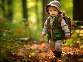 adorabile bambino esplorando il natura ai generativo foto