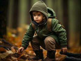 adorabile bambino esplorando il natura ai generativo foto