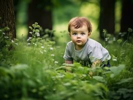 adorabile bambino esplorando il natura ai generativo foto