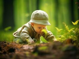 adorabile bambino esplorando il natura ai generativo foto