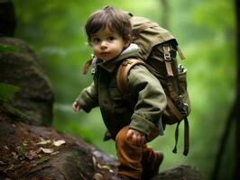 adorabile bambino esplorando il natura ai generativo foto