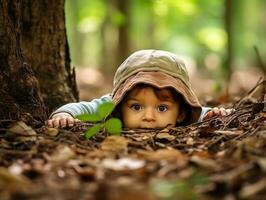 adorabile bambino esplorando il natura ai generativo foto