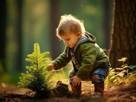 adorabile bambino esplorando il natura ai generativo foto