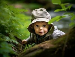 adorabile bambino esplorando il natura ai generativo foto