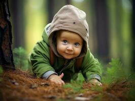 adorabile bambino esplorando il natura ai generativo foto