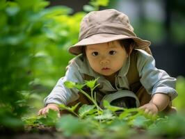 adorabile bambino esplorando il natura ai generativo foto