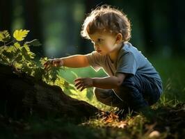 adorabile bambino esplorando il natura ai generativo foto