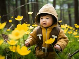 adorabile bambino esplorando il natura ai generativo foto