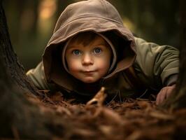 adorabile bambino esplorando il natura ai generativo foto