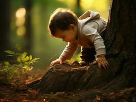 adorabile bambino esplorando il natura ai generativo foto