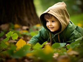 adorabile bambino esplorando il natura ai generativo foto