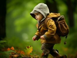 adorabile bambino esplorando il natura ai generativo foto