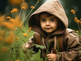 adorabile bambino esplorando il natura ai generativo foto