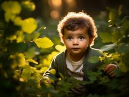 adorabile bambino esplorando il natura ai generativo foto