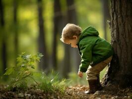 adorabile bambino esplorando il natura ai generativo foto