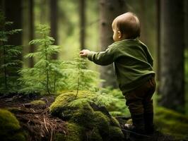 adorabile bambino esplorando il natura ai generativo foto