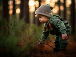 adorabile bambino esplorando il natura ai generativo foto