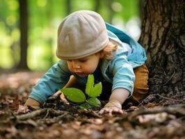 adorabile bambino esplorando il natura ai generativo foto