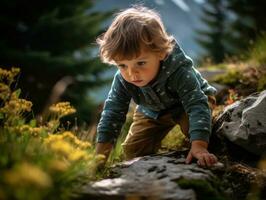 adorabile bambino esplorando il natura ai generativo foto