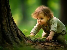 adorabile bambino esplorando il natura ai generativo foto