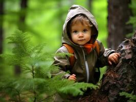 adorabile bambino esplorando il natura ai generativo foto