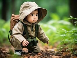 adorabile bambino esplorando il natura ai generativo foto