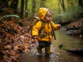 adorabile bambino esplorando il natura ai generativo foto