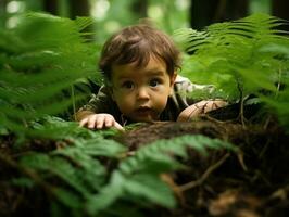 adorabile bambino esplorando il natura ai generativo foto