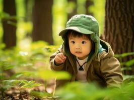 adorabile bambino esplorando il natura ai generativo foto