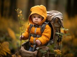 adorabile bambino esplorando il natura ai generativo foto