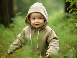 adorabile bambino esplorando il natura ai generativo foto