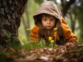 adorabile bambino esplorando il natura ai generativo foto