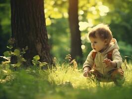 adorabile bambino esplorando il natura ai generativo foto