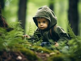 adorabile bambino esplorando il natura ai generativo foto