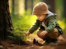 adorabile bambino esplorando il natura ai generativo foto