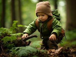 adorabile bambino esplorando il natura ai generativo foto