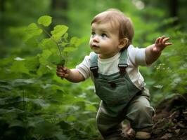 adorabile bambino esplorando il natura ai generativo foto