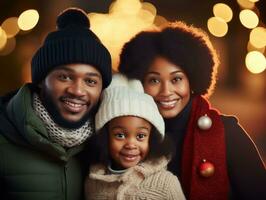 il africano americano famiglia gode festeggiare Natale vigilia insieme ai generativo foto