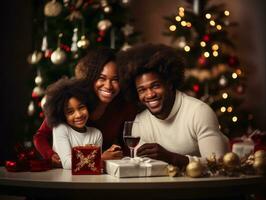 il africano americano famiglia gode festeggiare Natale vigilia insieme ai generativo foto