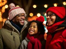 il africano americano famiglia gode festeggiare Natale vigilia insieme ai generativo foto