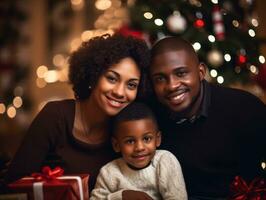 il africano americano famiglia gode festeggiare Natale vigilia insieme ai generativo foto