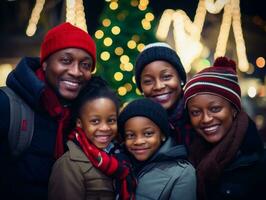 il africano americano famiglia gode festeggiare Natale vigilia insieme ai generativo foto