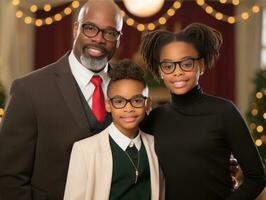 il africano americano famiglia gode festeggiare Natale vigilia insieme ai generativo foto