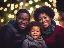 il africano americano famiglia gode festeggiare Natale vigilia insieme ai generativo foto